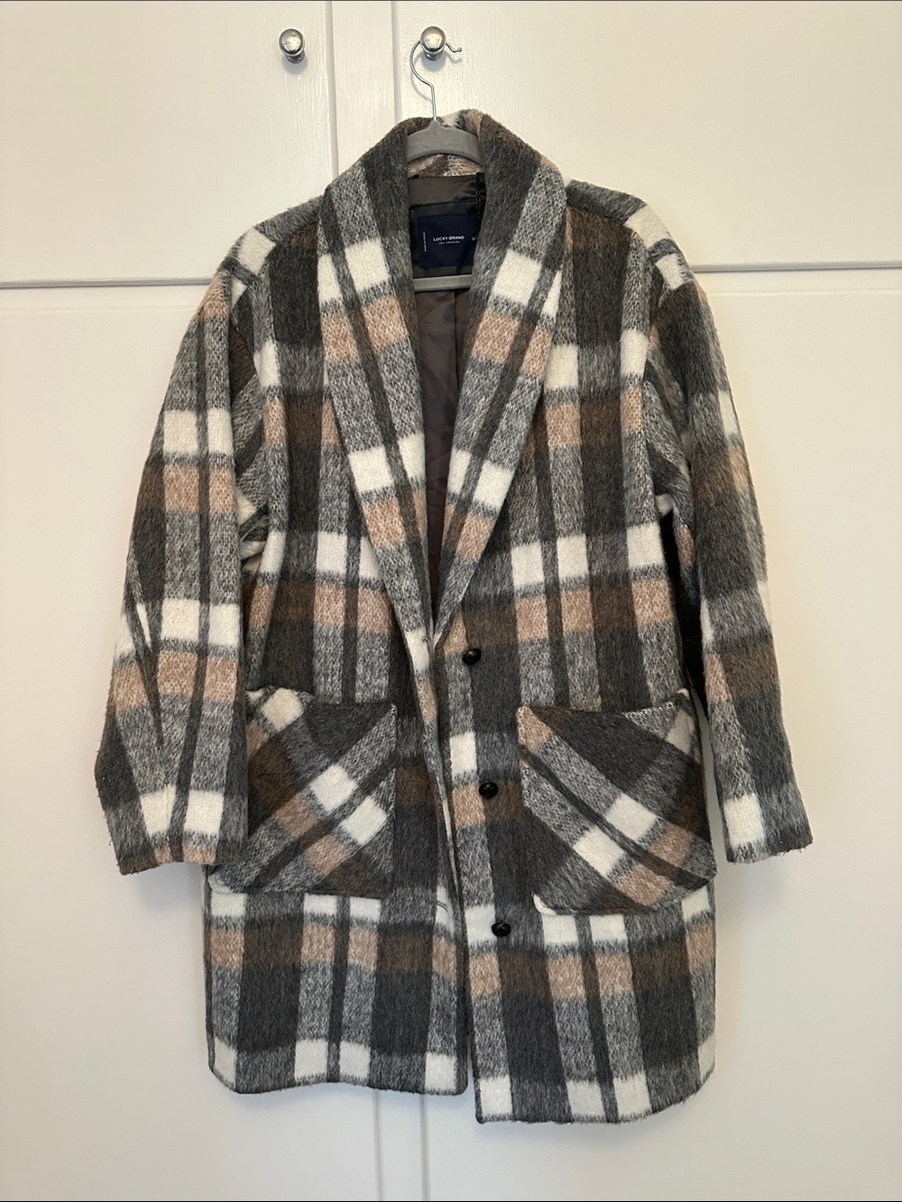 LIKE NEW Lucky Brand Grey Brown White Plaid Coat Oversized